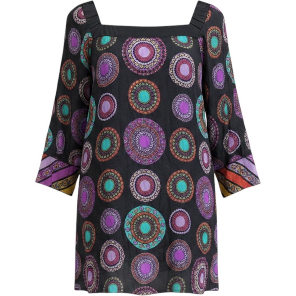 Taka by Takawear 100% Silk Tunic Top Mandala Print Boho Bell Sleeve Black Small